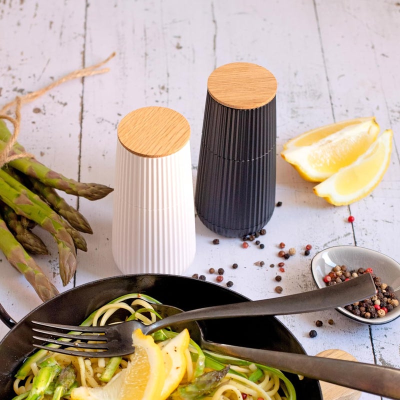 Adhoc Scape Salt & Pepper Mill Set - Salt & Pepper Grinders with Ultra-Sharp Grinding Mechanisms - Refillable Mills & Spice Shakers with Adjustable Grinding - Black & White - Image 3